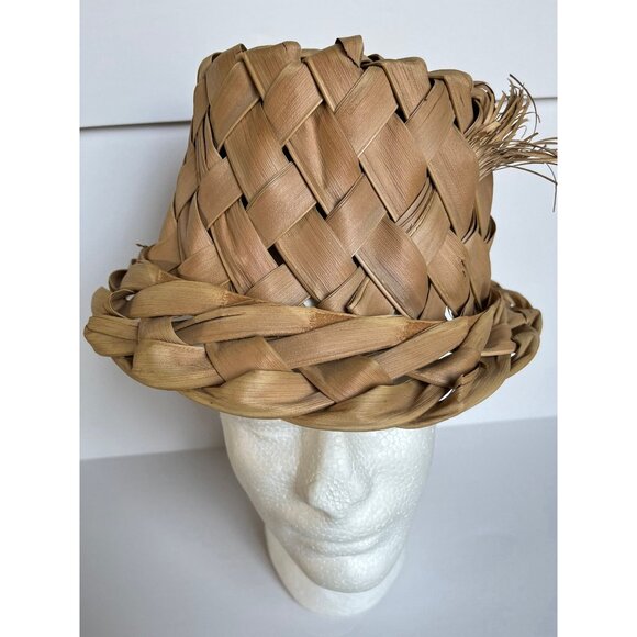 Vtg 1967 Hat Fedora Unisex Hawaiian Handmade Palm Frond Woven Handwoven Medium main image 9